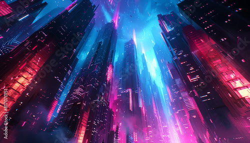 Bring to life a vibrant bioluminescent city skyline in a cubist dreamscape with a low-angle perspective Use rich