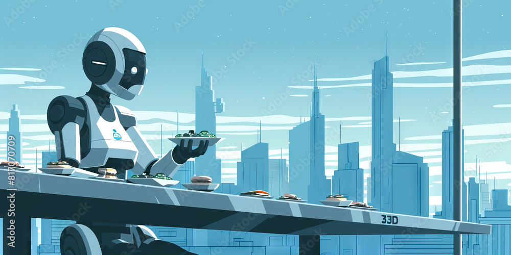 Obraz premium Ethereal Cityscape: Cyberpunk Serenity Unfolds as Robotic Pinnacle of Service