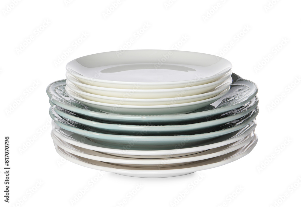 Stack of beautiful ceramic plates isolated on white Stack of beautiful ceramic plates isolated on white