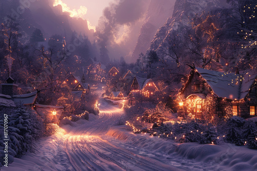 A quaint village blanketed in snow, with twinkling lights and a festive atmosphere
