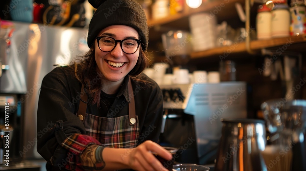 A nonbinary barista crafting specialty coffee drinks with a smile, finding purpose, community support A nonbinary barista crafting specialty coffee drinks with a smile, finding purpose, community support