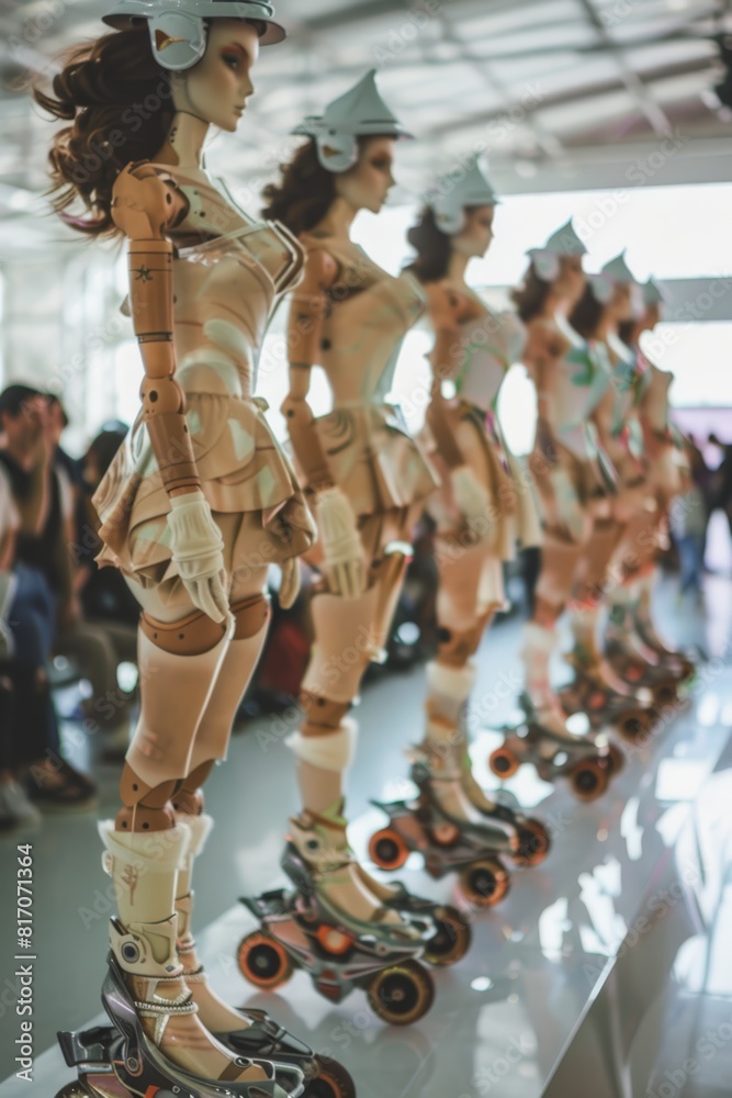 A row of mannequins wearing high-heeled rollerblades at a fashion show, gracefully navigating a makeshift roller derby track. surrealism
