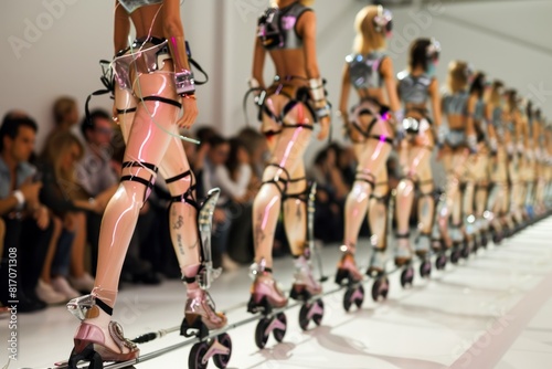 A row of mannequins wearing high-heeled rollerblades at a fashion show, gracefully navigating a makeshift roller derby track. surrealism 