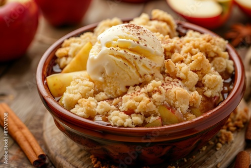 bowl of apple cobbler with melting ice cream, highlighting the textures of the crumbly topping and smooth ice cream