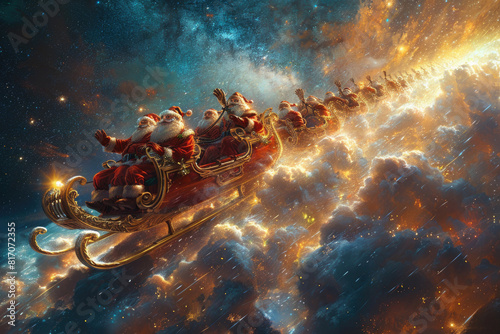 Santa Claus soaring across the starry night sky in his sleigh led by reindeer photo