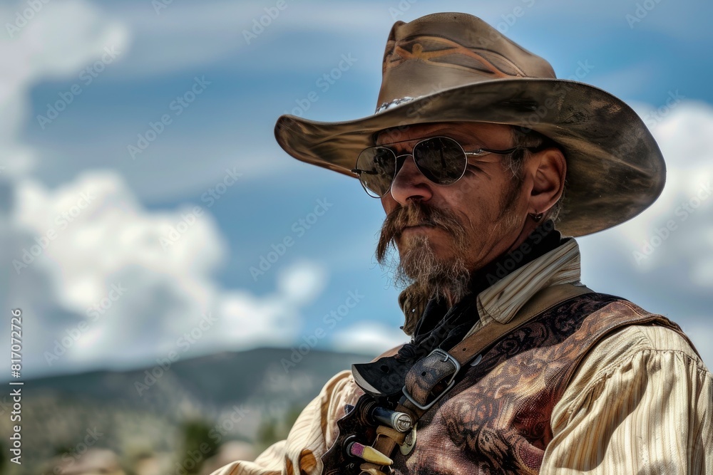 Closeup of a weathered cowboy with sunglasses and traditional attire against a cloudy sky background