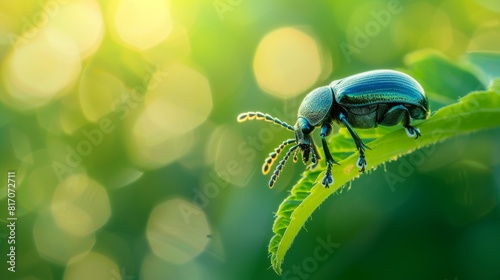Beetle climbing on the edge of a leaf, its shiny exoskeleton reflecting the sunlight.