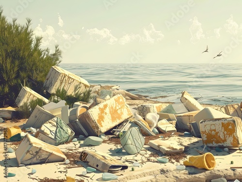 Weathered Plastic Refuse Marring an Idyllic Coastal Setting A Commentary on Humanitys Impact on the photo