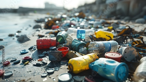 Human Consumptions Gritty Impact A Shoreline Overrun by Plastic Waste photo