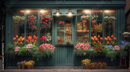 facade of a flower shop, green, tulips, hyacinths