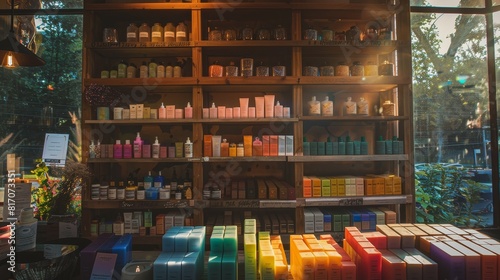 A rainbow array of artisanal soaps and candles gleam on wooden shelves backlit by windows at blue hour in an indie boutique, craftsmanship, inclusiveness, intentional design, ambient aesthetic, photo