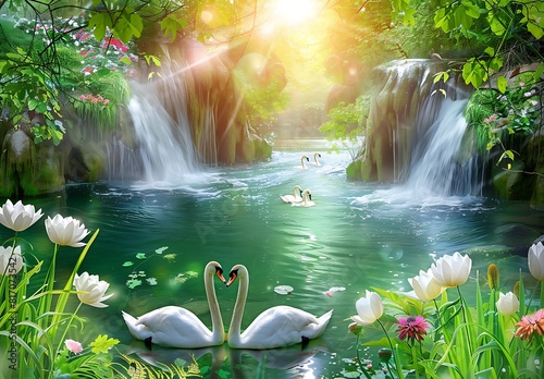 3d wallpaper with beautiful green grass, waterfalls and flowers background; swans swimming in the lake; bright colorful spring landscape with sunlight; fantasy garden scene in the style of 20k artists photo
