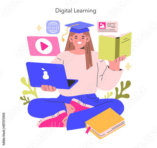 Digital Learning concept A student in graduation cap multitasks with a laptop and a book, symbolizing modern education and information access Vector illustration