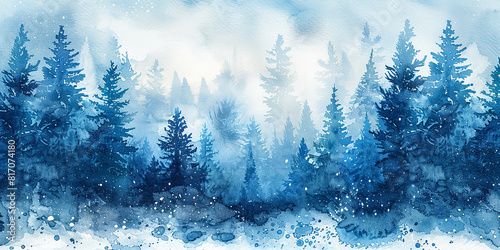 Watercolor panorama of the fir forest. Magical winter forest   photo