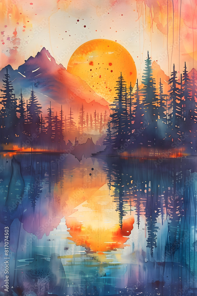 Glorious Sunrise/Sunset - A Vivid Watercolor Landscape Painting Evoking Serenity
