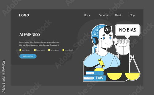 AI ethics dark or night mode web, landing. AI robotic system no Bias