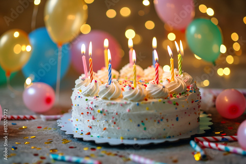 White birthday cake with candles  birthday party for children  multicolored balloons and sparkles  light bokeh