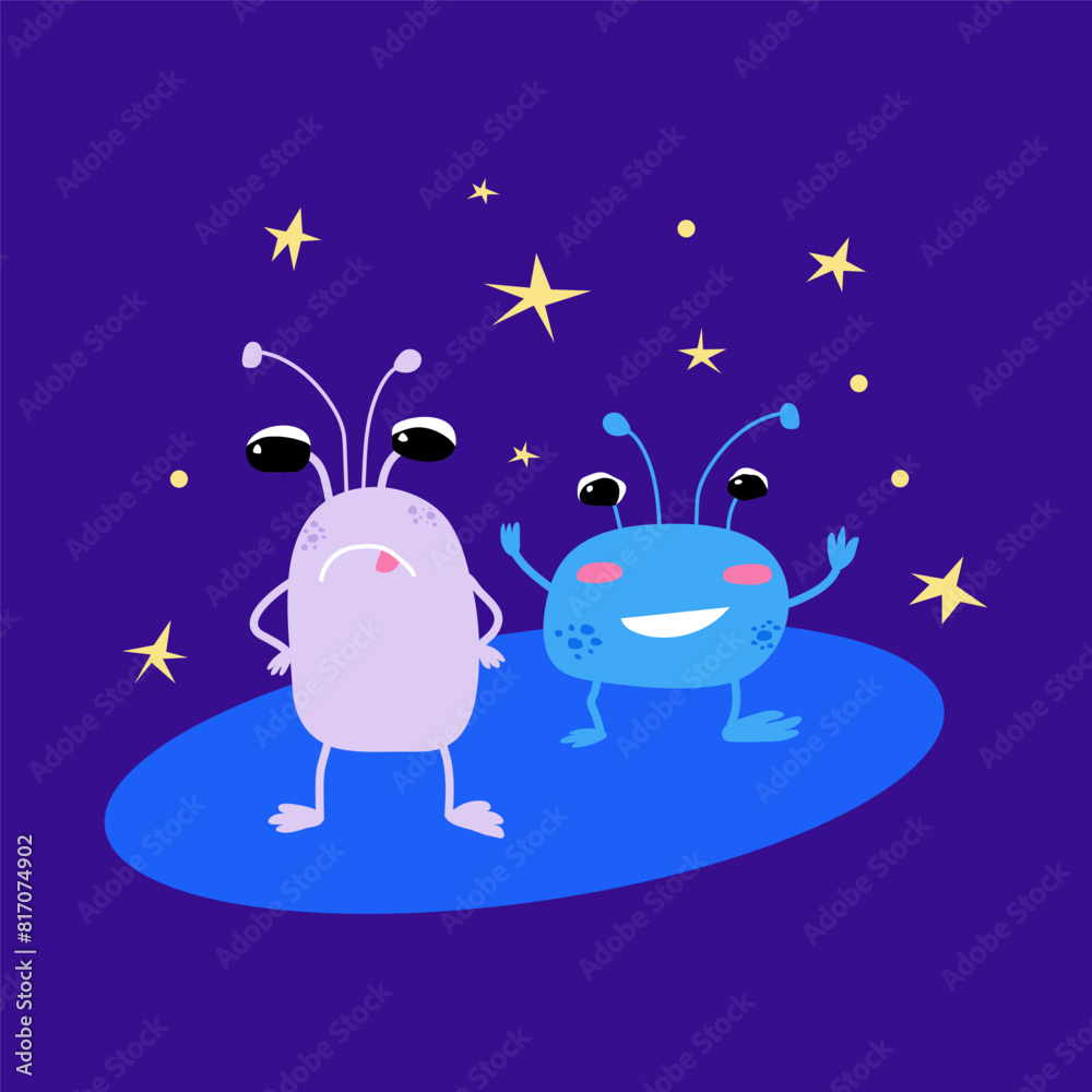 Naklejka premium Cute space aliens or monsters, happy and angry cosmic childrens characters. Print, illustration for kids textile, pack, fabric, wallpaper, wrapping. 