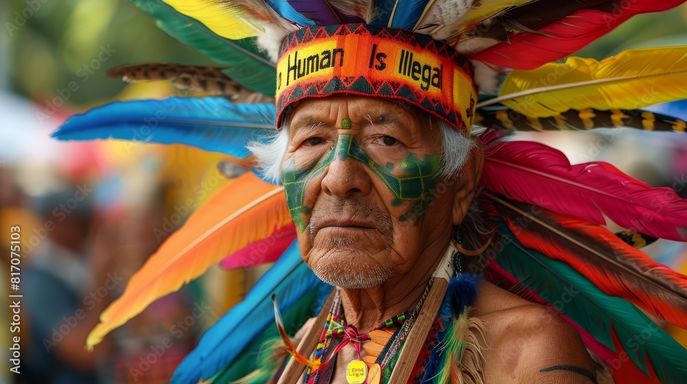 An indigenous spirit elder holding a sign that reads An indigenous spirit elder holding a sign that reads