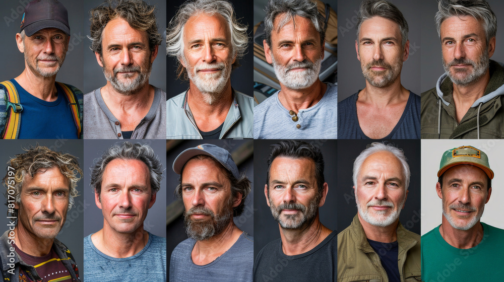 A collage of ten men, all of similar age, looking directly at the camera with a variety of expressions A collage of ten men, all of similar age, looking directly at the camera with a variety of expressions