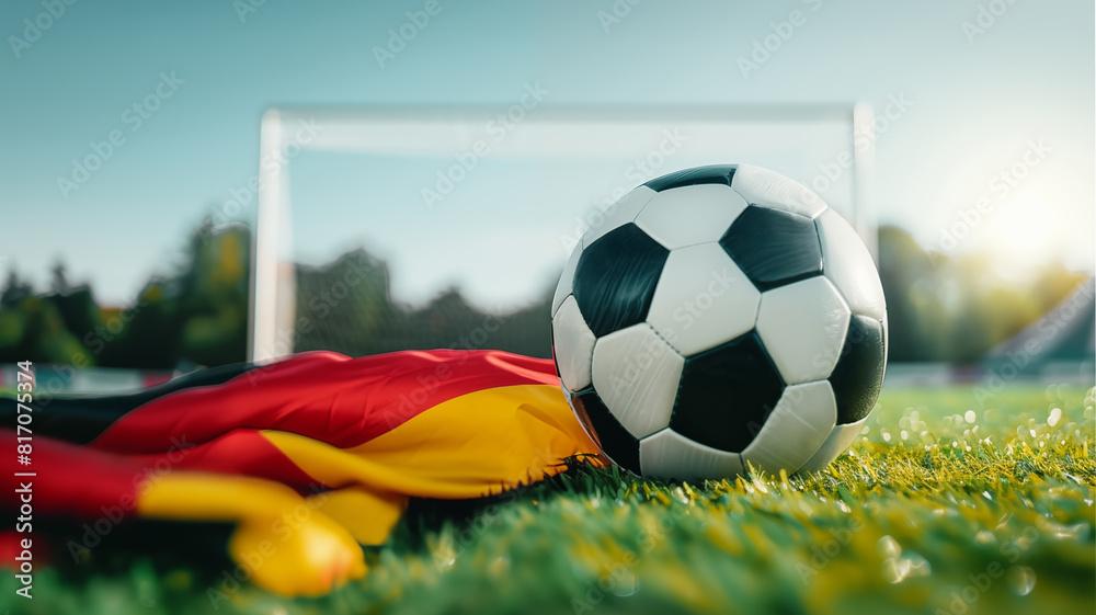 Naklejka premium Soccer ball and a german flag on the lawn of a football field, goal in the background, ,Germany team 2026 world cup