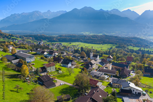 The village of Schnifis in the Walgau Valley, State of Vorarlberg, Austria. Drone Picture photo