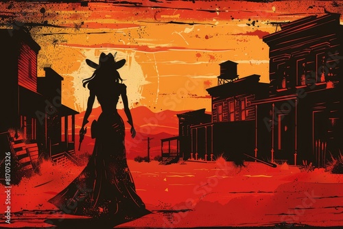 Female silhouette in western attire stands in a deserted ghost town at sunset