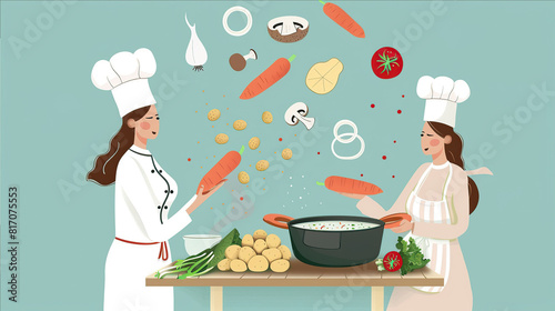 a woman in cook's clothes is cooking soup, ingredients are flying in the air above the table - mushrooms, onions, tomatoes, potatoes