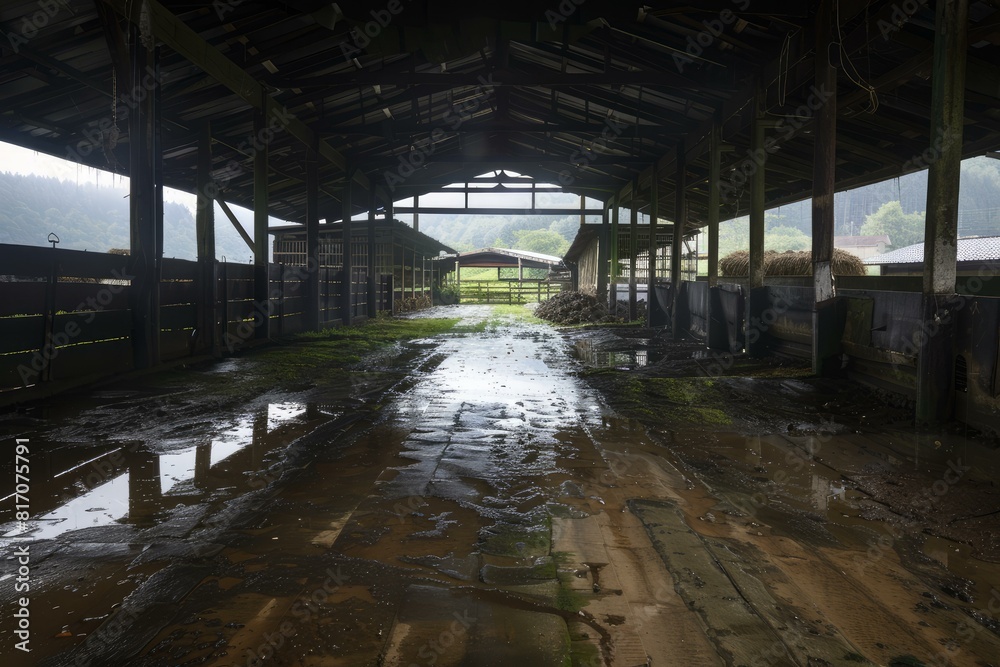 Empty livestock barn with open structure, showing signs of neglect and natural daylight streaming in Empty livestock barn with open structure, showing signs of neglect and natural daylight streaming in