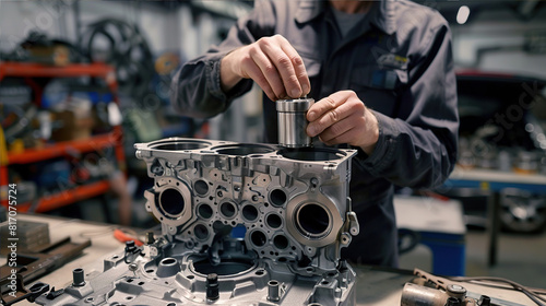 a man in work clothes repairs a car engine in an auto repair shop
