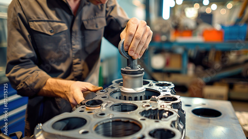 a man in work clothes repairs a car engine in an auto repair shop