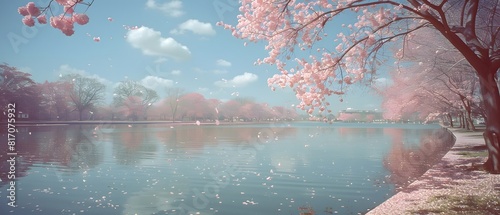 Peaceful Lake Reflection in Cherry blossom park