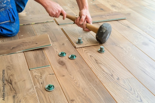 Shot of man installing laminate flooring with a rubber mallet and spacers photo