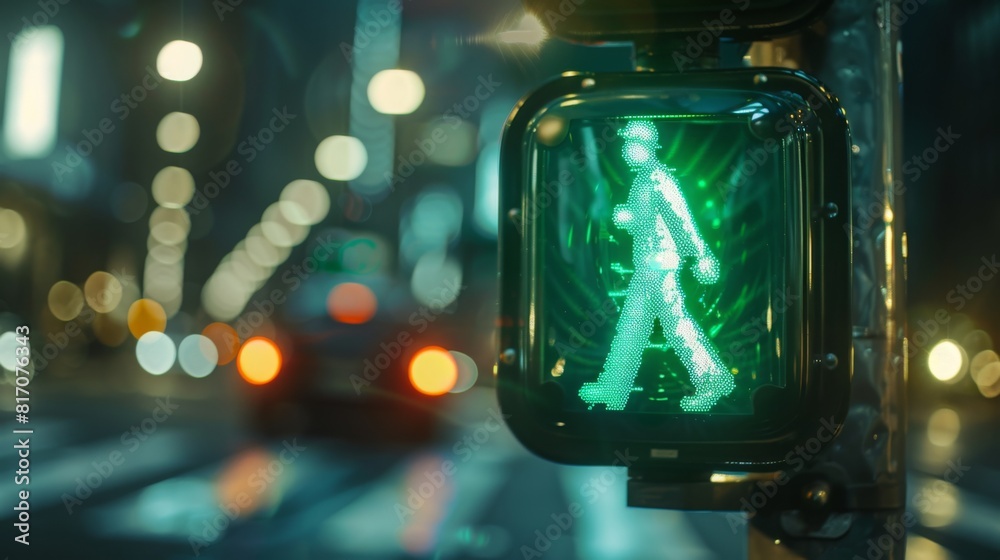 Close-up of a pedestrian crossing signal showing a green walking figure, with an urban background. Close-up of a pedestrian crossing signal showing a green walking figure, with an urban background.