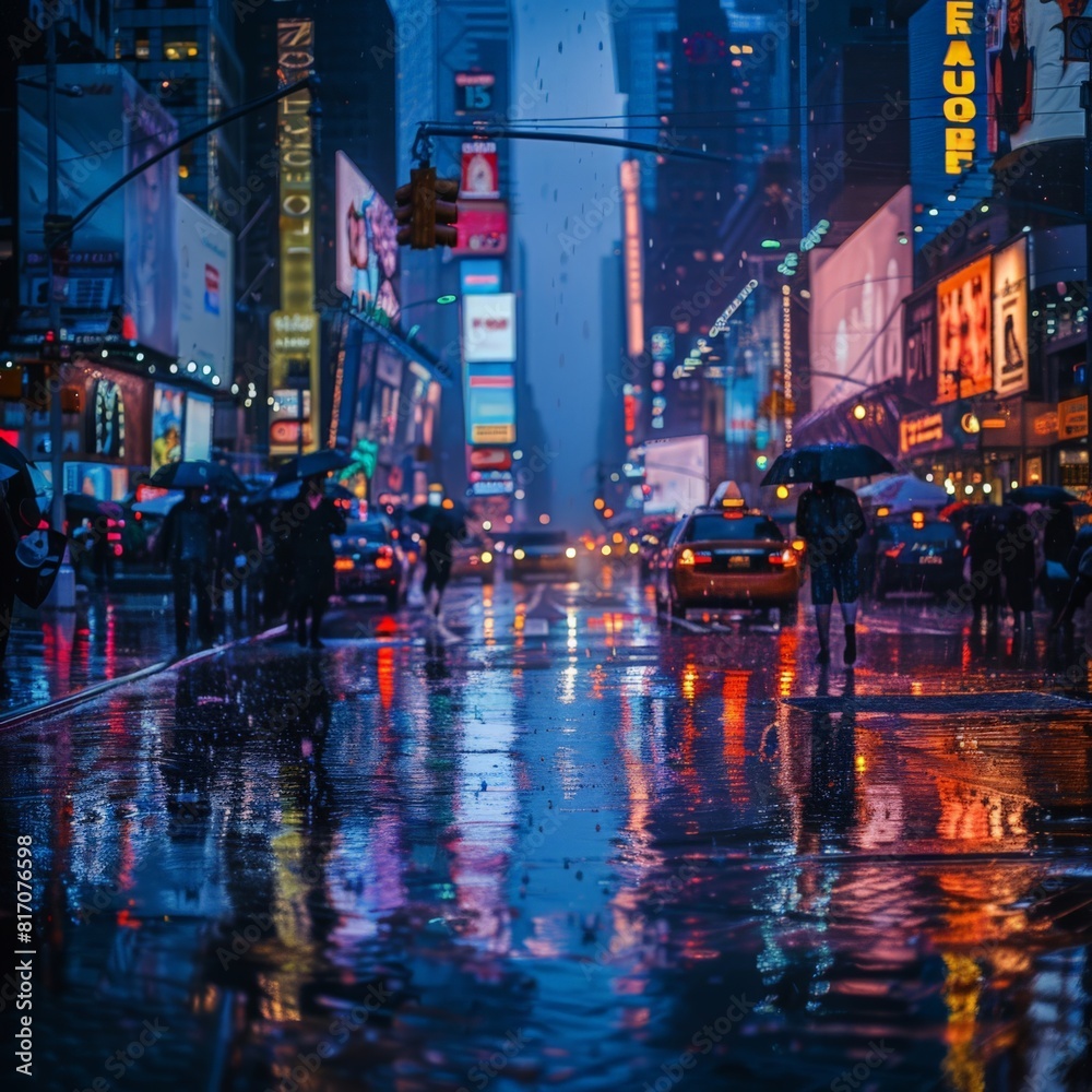 Photograph of a New York cityscape during a rainy evening, the city lights reflecting off the wet street