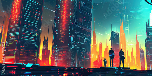 A futuristic city skyline looms large behind them, as they engage in high-stakes hacking tournaments, their skills honed to a razor's edge.  photo