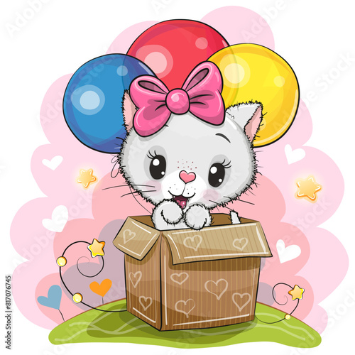 Cartoon White Kitty in the box with balloons