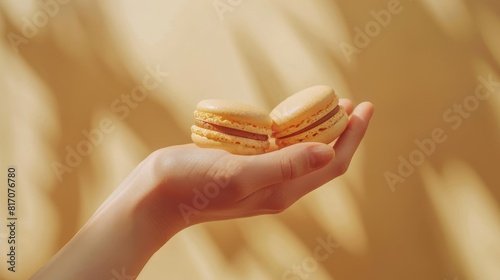 Creative advertisement for macarons in a hand against a sunshine offwhite background, playful and sweet, with copy space photo