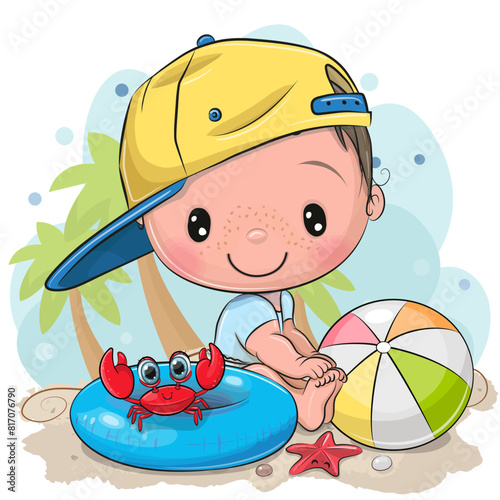 Cartoon Little Boy and crab on the beach