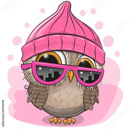 Cartoon Owl with sun glasses and Pink hat