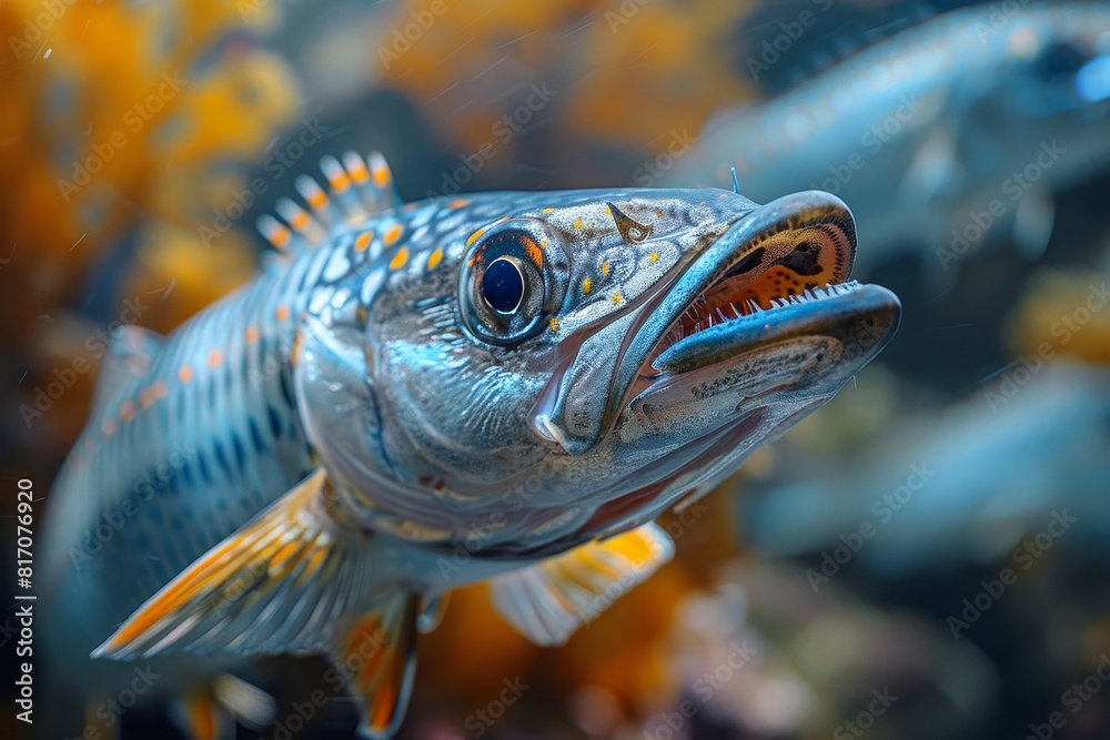 Fototapeta premium Barracuda fish with sharp teeth, representing predatory marine species.