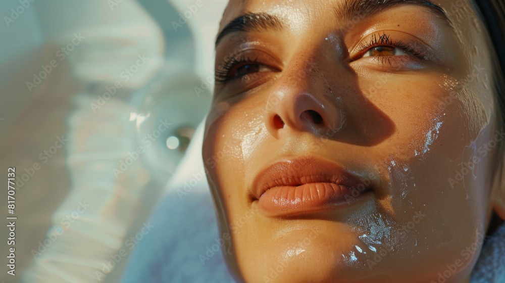 Close-up of a woman undergoing a professional skincare treatment at a spa, revealing her clear, rejuvenated skin. Close-up of a woman undergoing a professional skincare treatment at a spa, revealing her clear, rejuvenated skin.
