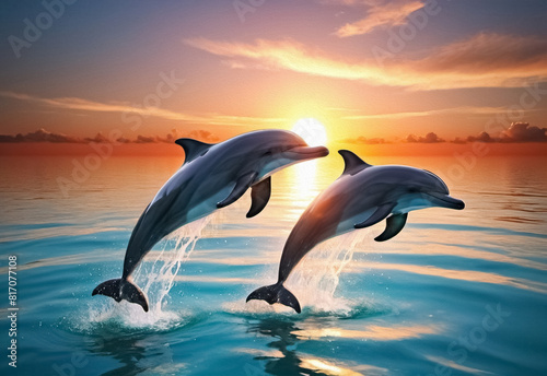 3D beautiful sunset with dolphins jumping 