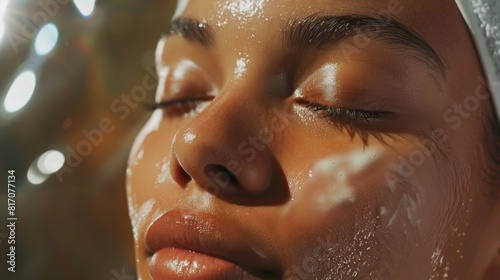 Close-up of a woman undergoing a professional skincare treatment at a spa, revealing her clear, rejuvenated skin.