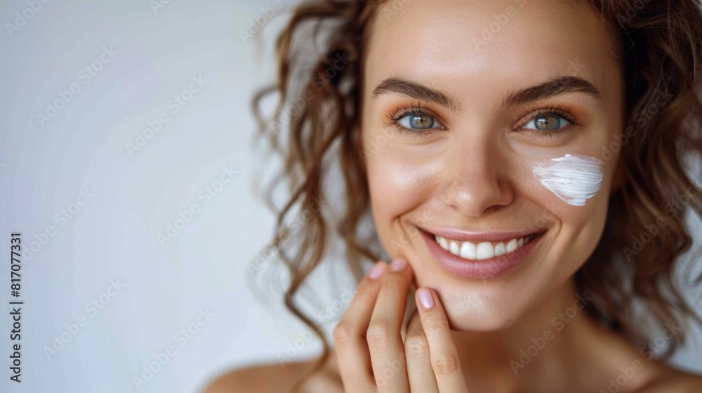 Close-up of a woman with flawless, radiant skin applying moisturizer, with a gentle smile. Close-up of a woman with flawless, radiant skin applying moisturizer, with a gentle smile.