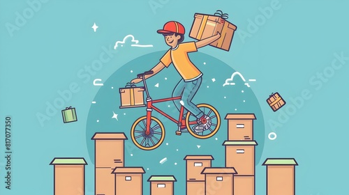 Delivery Persons Unique Ride A Cartoon of a Deliveryman Balancing Packages on a Unicycle photo