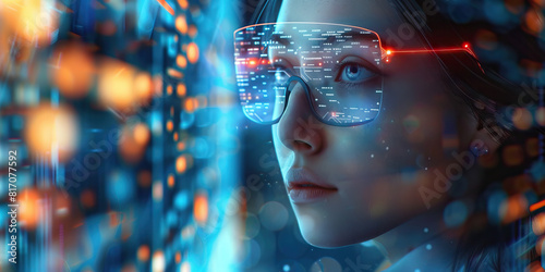 Her augmented reality interface blurs with information overload, but she remains focused, a prodigy of the digital age.