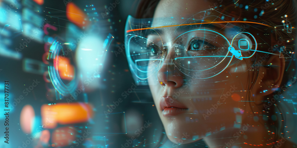 Her augmented reality interface blurs with information overload, but she remains focused, a prodigy of the digital age. Her augmented reality interface blurs with information overload, but she remains focused, a prodigy of the digital age.