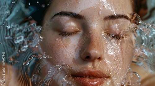 Close-up of a woman s face splashed with refreshing water  revealing her clear  refreshed complexion.