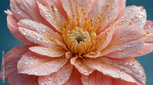 an exquisite close-up of a dew-covered pink flower, highlighting its delicate petals and vibrant pollen-laden stamens, set against a soft teal background